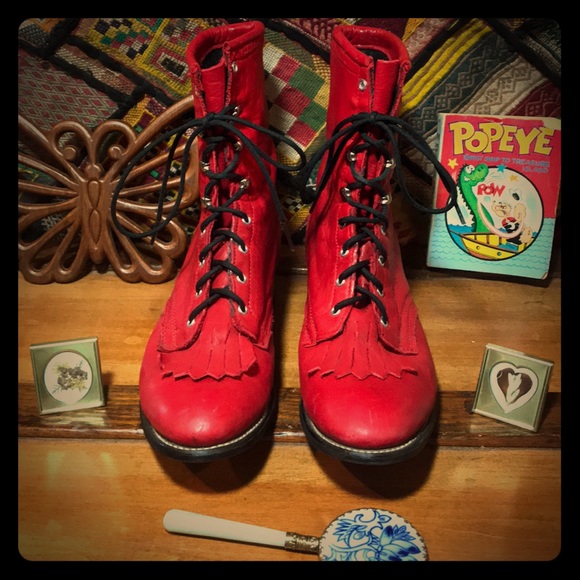 Vintage Shoes - ✨RED HOT Vintage Fringe Kiltie Roper Lace Up Boots